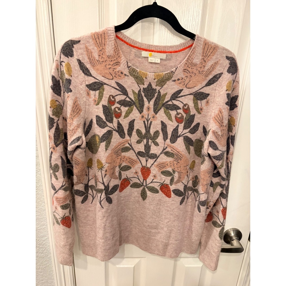 Boden Sweater Pink Bird Strawberry Alpaca Wool Blend Intarsia Knit K0568